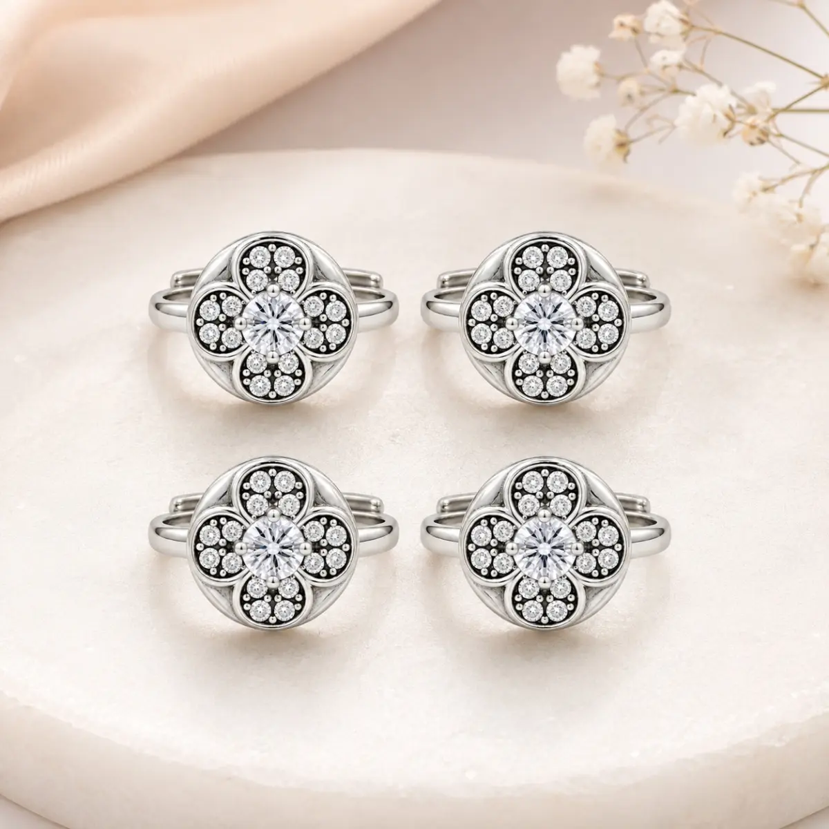 925 Sterling Silver A Toe Ring Pair Of 2 Floral Inspired Stone Studded Pattern For Women